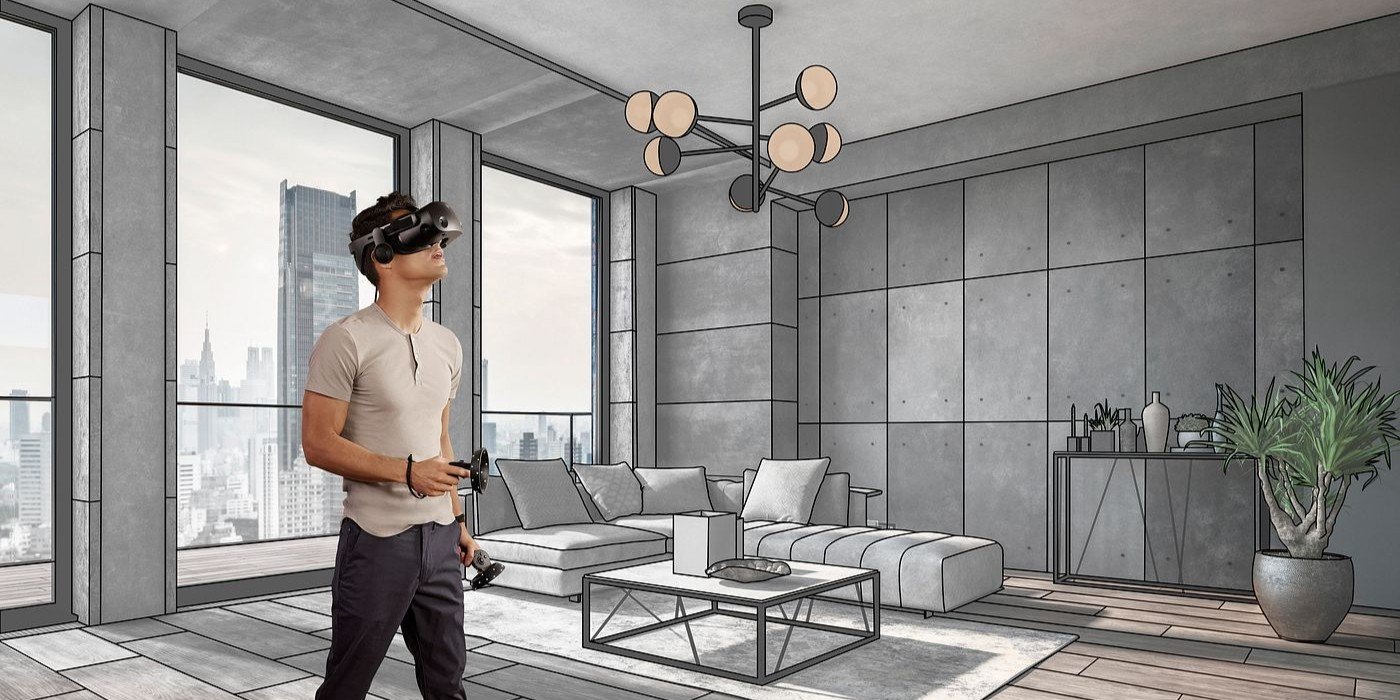 Profesional experimentando realidad virtual en un moderno apartamento urbano con diseño minimalista, grandes ventanales con vista a la ciudad y decoración industrial contemporánea, explorando las posibilidades de la tecnología VR en un ento