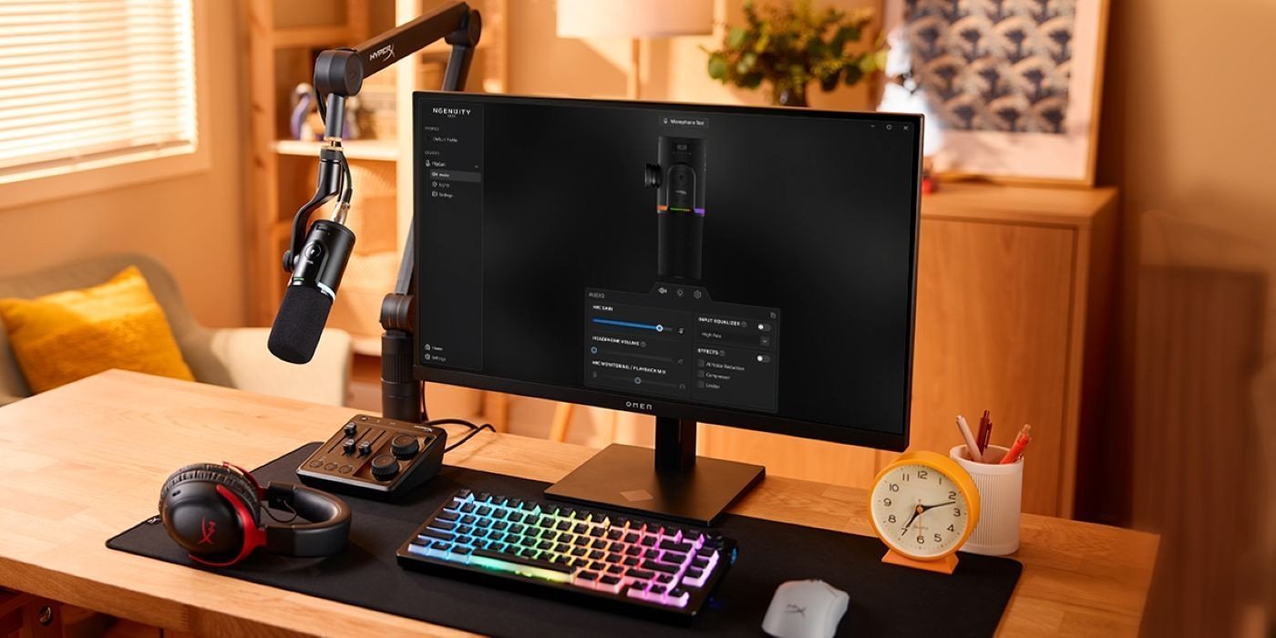 Estación de streaming y gaming profesional equipada con tecnología HyperX, incluyendo micrófono de calidad broadcast, teclado mecánico RGB, audífonos gaming y monitor HP OMEN, ideal para creadores de contenido, streamers y jugadores.