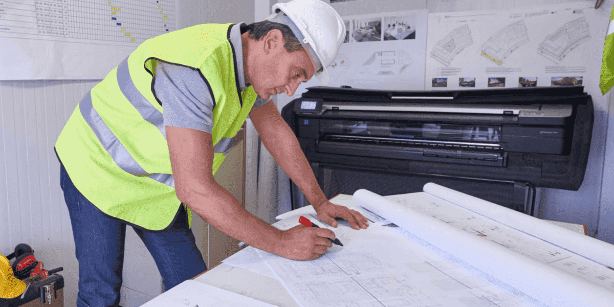 Arquitecto con un plano y una HP DesingJet