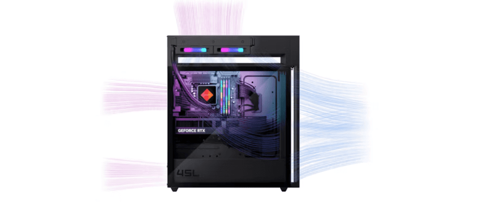 PC gaming con componentes RGB visibles a través del panel lateral de vidrio, con procesador OMEN, tarjeta gráfica GeForce RTX y flujo de aire visualizado con líneas de entrada púrpuras y líneas de salida azules.