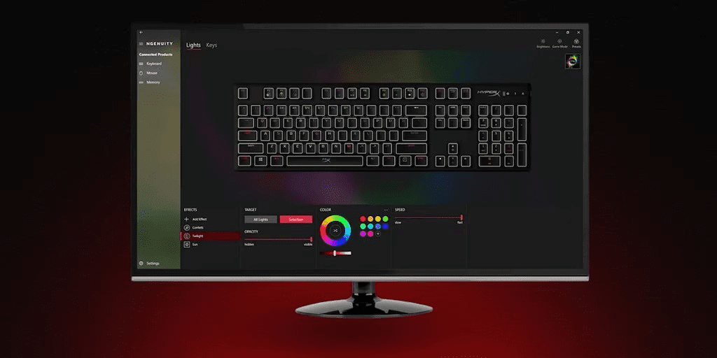 Monitor de computadora con el software HyperX NGENUITY que se utiliza para personalizar los efectos de iluminaci&oacute;n RGB de un teclado