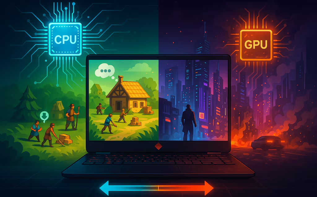 Una ilustraci&oacute;n estilizada de pantalla dividida de una laptop que muestra dos mundos de juego