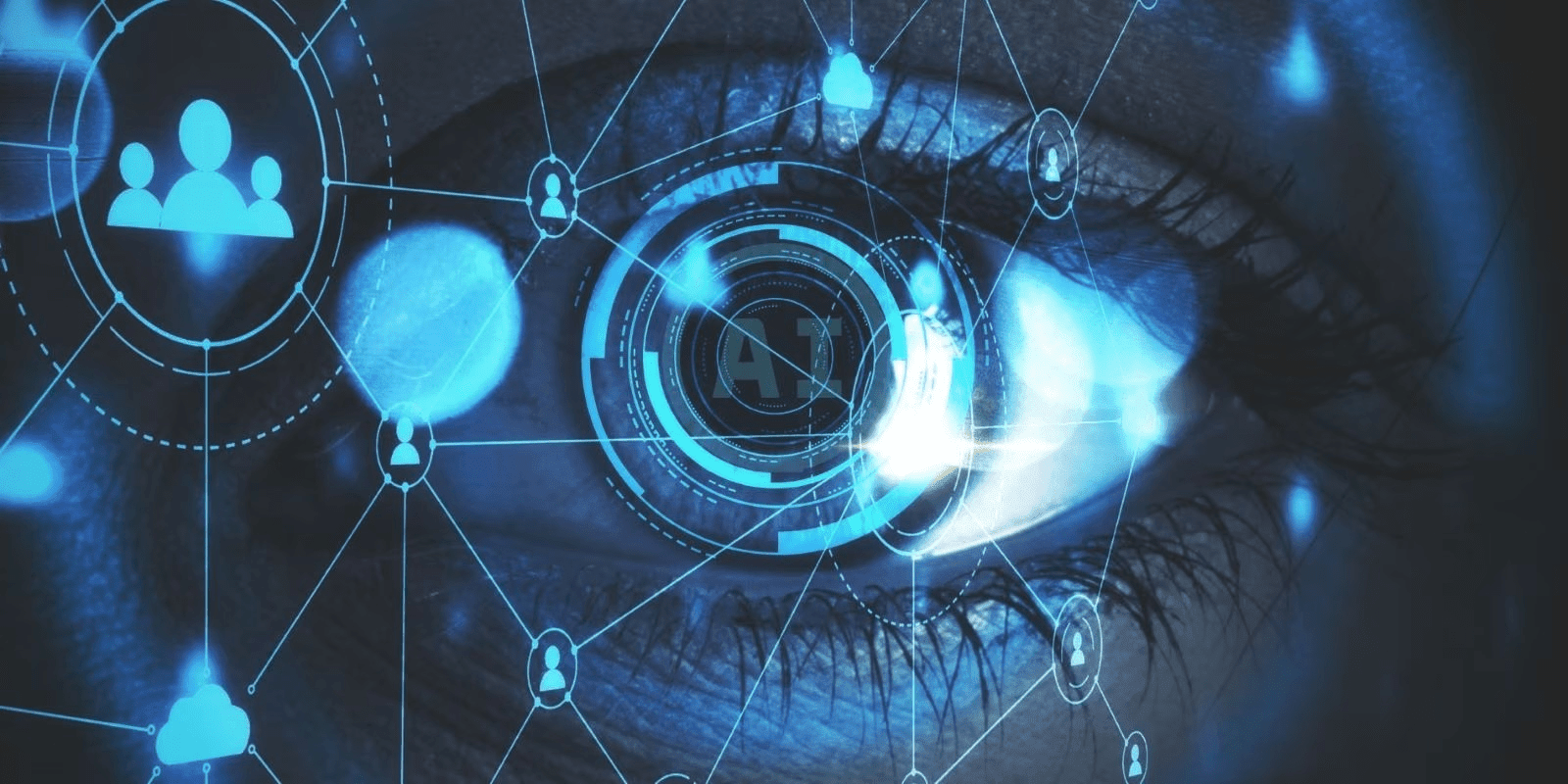 Primer plano de un ojo humano con superposición de gráficos de inteligencia artificial (IA) y redes interconectadas